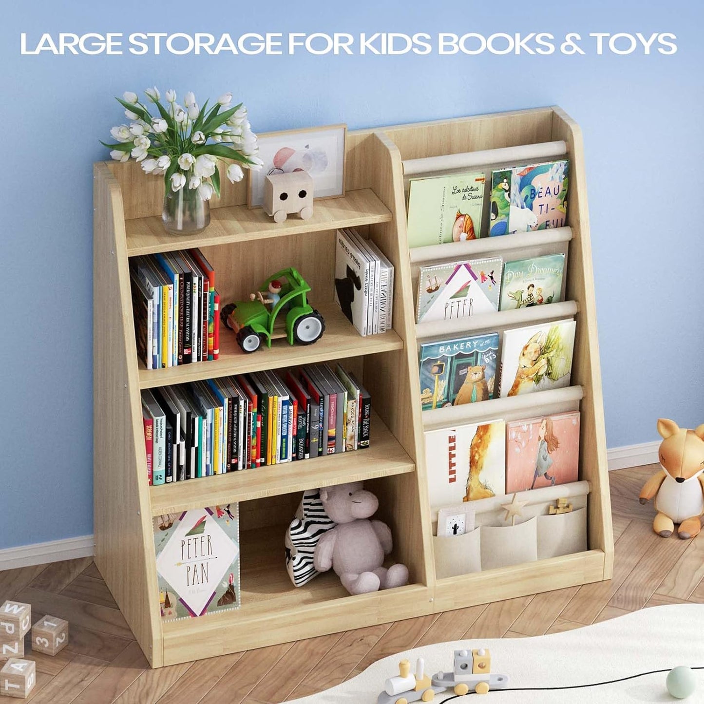 Kids Bookshelf and Toy Storage Organizer, 4 Tier Wooden Kids Book Shelf with Sling Book Rack in Kids Room Playroom Nursery for Kids, Children, Toddlers