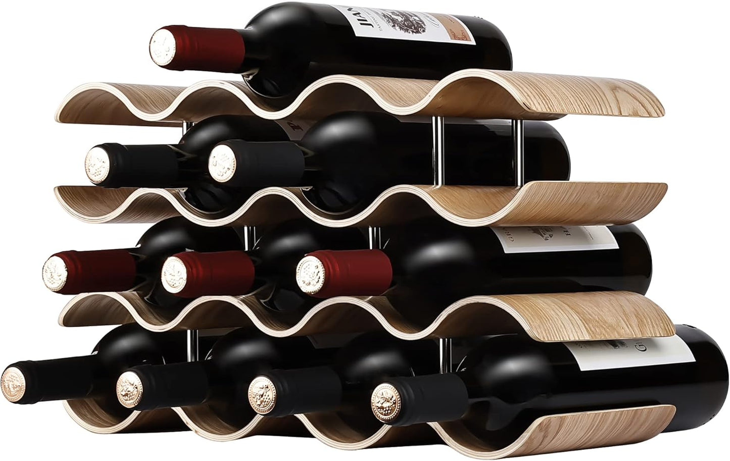 Countertop Wine Rack - 12 Bottle Freestanding Wine Bottle Holder Stand - 3 Tier Wooden Wine Storage Rack - Wavy Wine Organizer for Cabinet Pantry Home Kitchen Bar