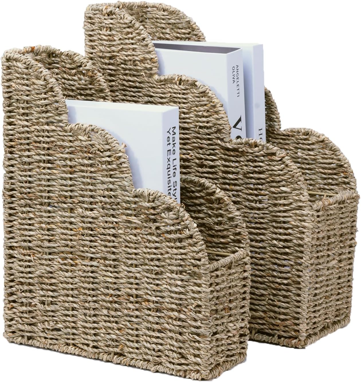 BROWNLILY Water Hyacinth Magazine Holders with Scalloped Edge - Natural Handwoven Rattan Storage Baskets Set of 2 (Large & Small) for Books, Home Office Decor