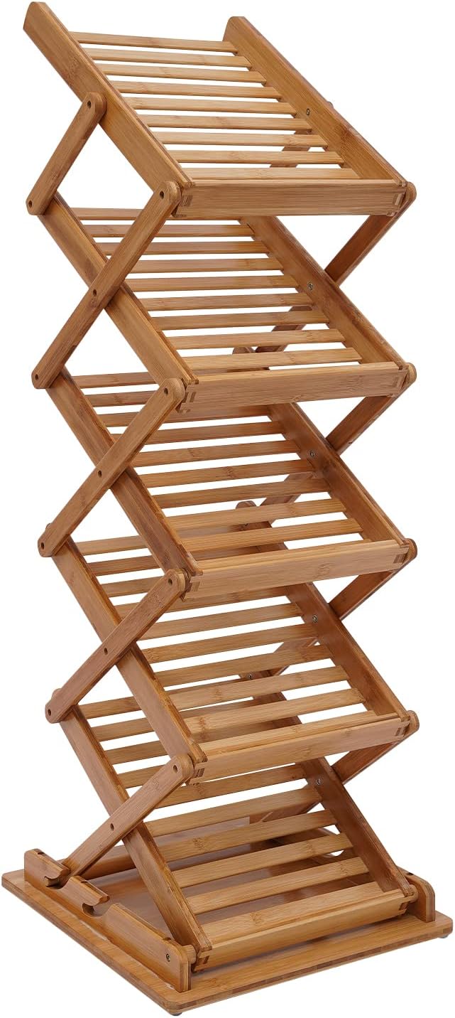 Bamboo Foldable Magazine Rack Floor Stand,5-Layer Brochure Display Stand,Portable Pop-up Magazine Rack Shelf for Home Office Retail Store Display