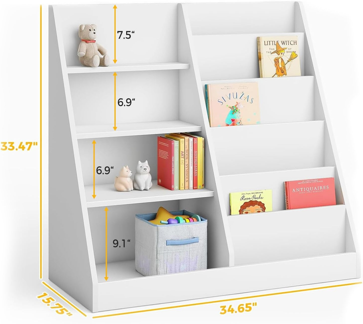 Tatub 6 Tier Kids Wooden Bookshelf and Toy Storage, Children Toy Organizer with Book Shelves, Toddler BookRack Baby Bookcase for Nursery, Playroom and Classroom, White