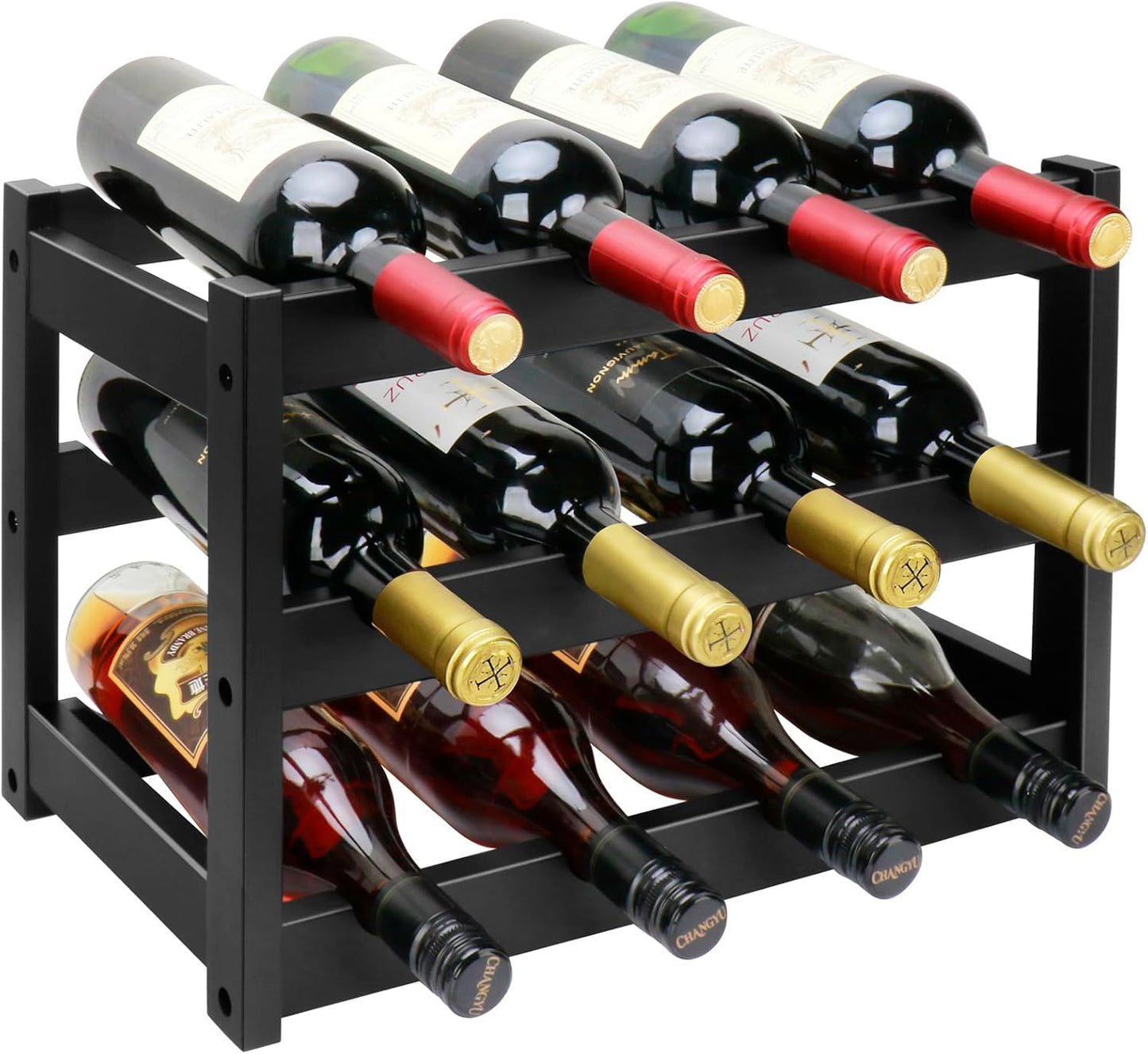 Bamboo Wine Rack, 3-Tier 12 Bottles Wine Storage Cabinet Shelf, Easy-Assembly Freestanding Bamboo Wine Racks Countertop for Kitchen Pantry Dining Room Bar, Walnut