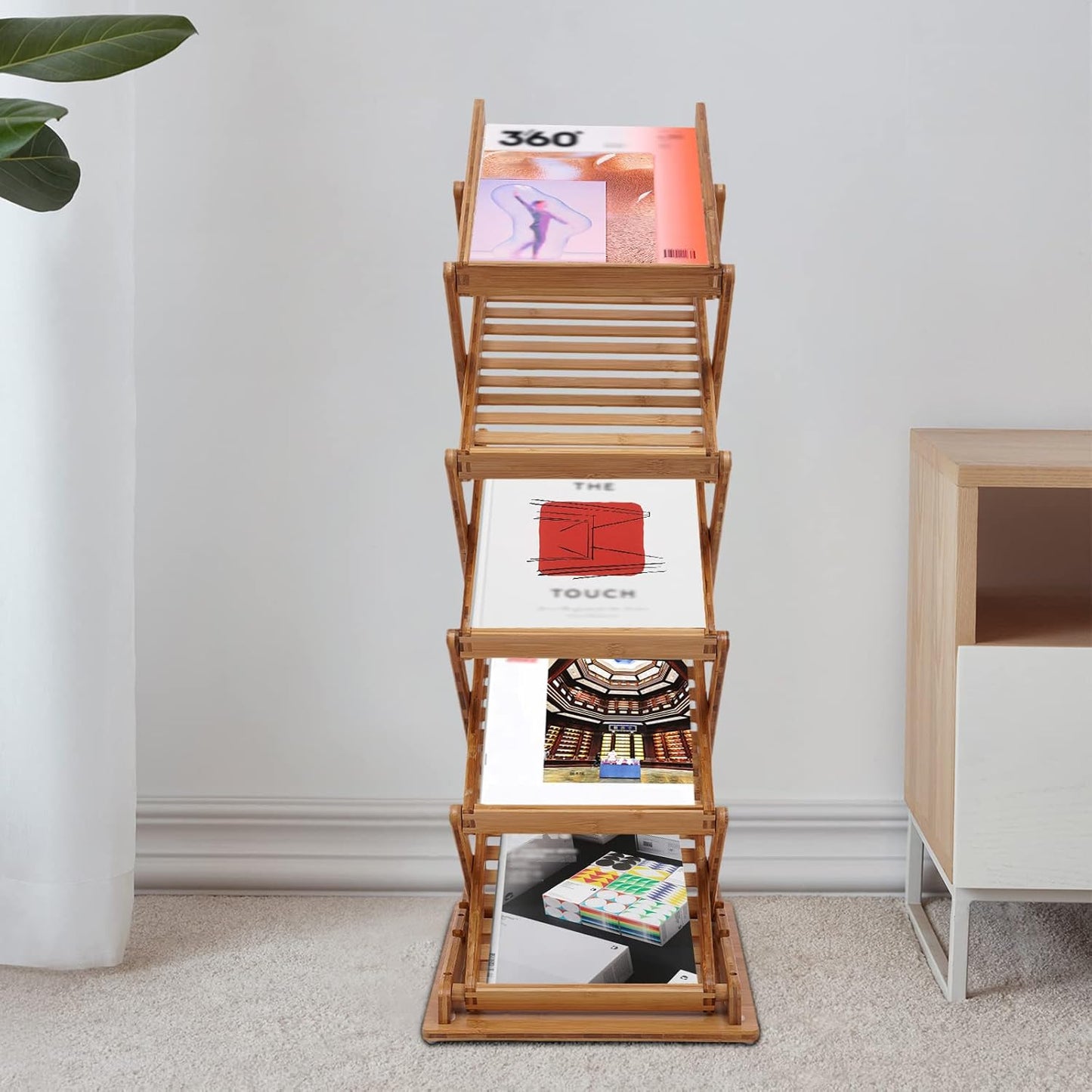 Bamboo Foldable Magazine Rack Floor Stand,5-Layer Brochure Display Stand,Portable Pop-up Magazine Rack Shelf for Home Office Retail Store Display