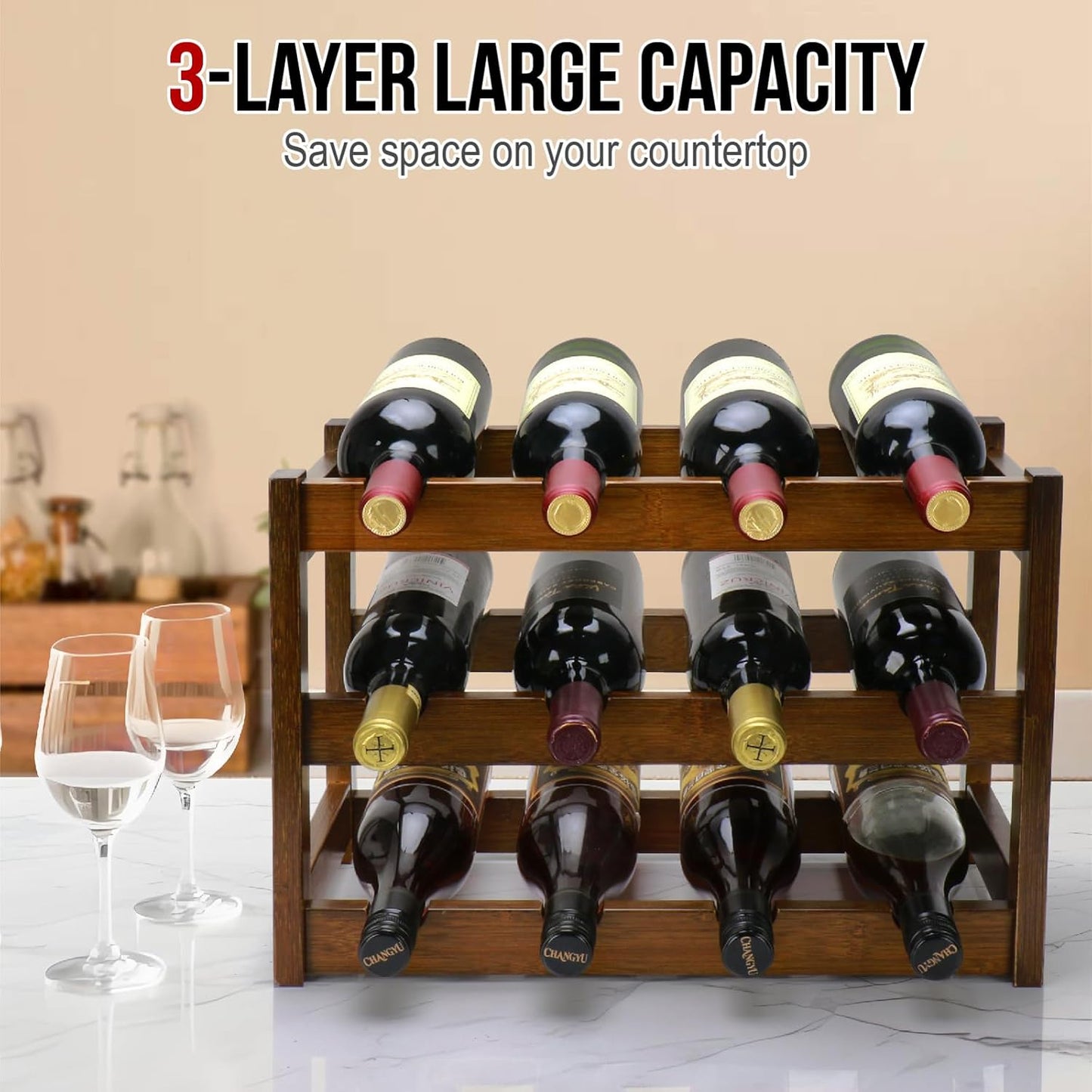 Bamboo Wine Rack, 3-Tier 12 Bottles Wine Storage Cabinet Shelf, Easy-Assembly Freestanding Bamboo Wine Racks Countertop for Kitchen Pantry Dining Room Bar, Walnut