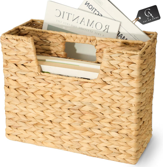 Wicker Magazine Basket, Handwoven Water Hyacinth Storage Bin & Organizer for Files, Books, Newspapers, Documents, Decorative Storage Bin with Handle for Office, Living Room, Dorm, Bathroom