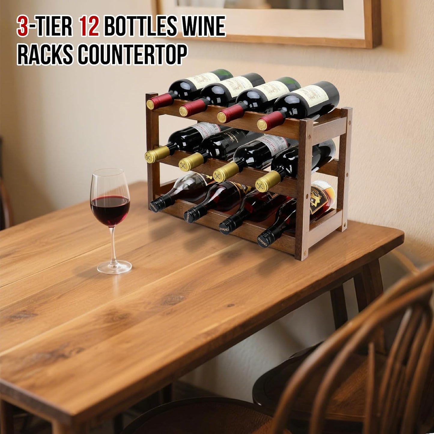 Bamboo Wine Rack, 3-Tier 12 Bottles Wine Storage Cabinet Shelf, Easy-Assembly Freestanding Bamboo Wine Racks Countertop for Kitchen Pantry Dining Room Bar, Walnut