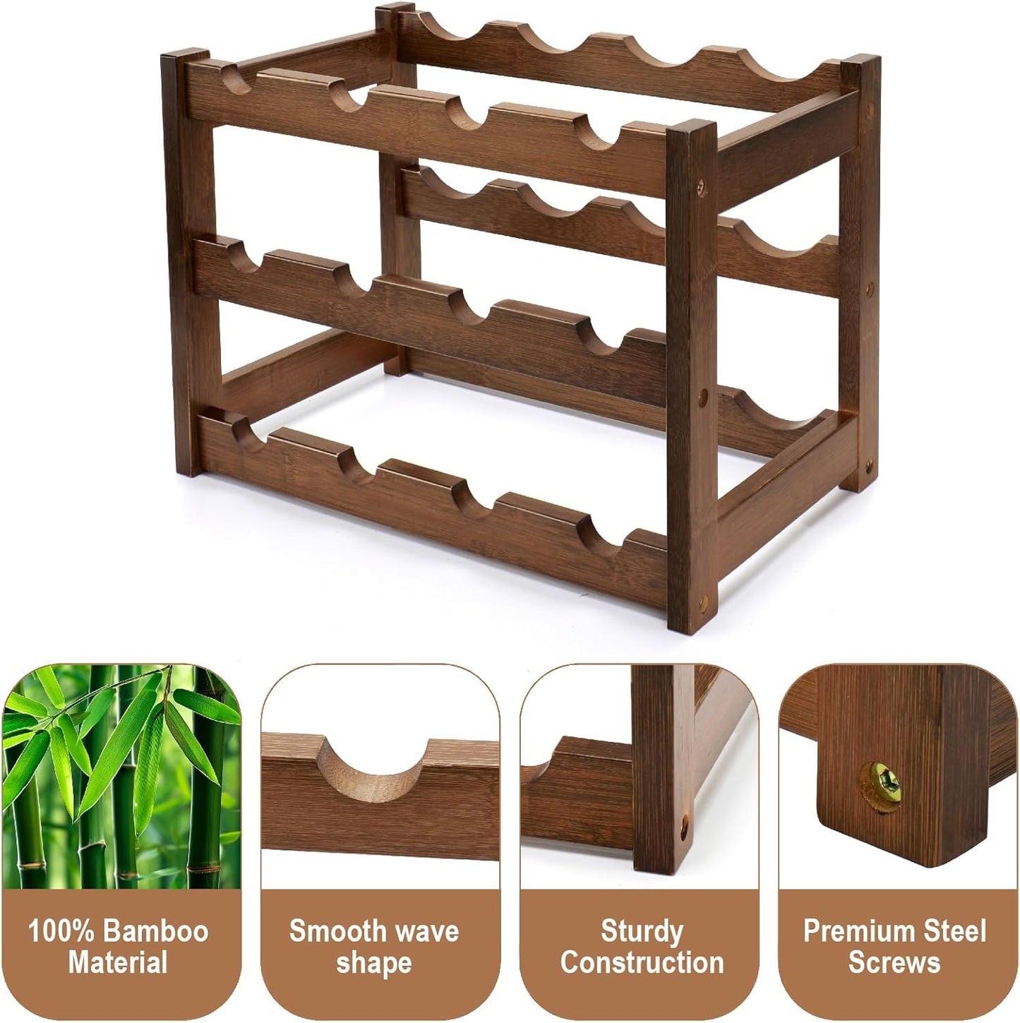 Bamboo Wine Rack, 3-Tier 12 Bottles Wine Storage Cabinet Shelf, Easy-Assembly Freestanding Bamboo Wine Racks Countertop for Kitchen Pantry Dining Room Bar, Walnut