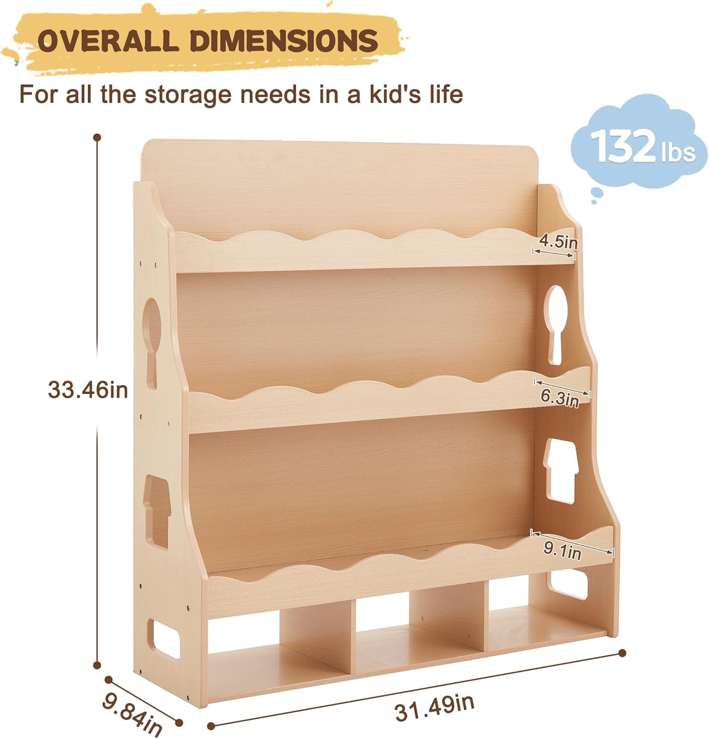 Wooden Kids Bookshelf, Book Shelf for Kids Rooms w/Scalloped Edges, Durable Childrens Bookshelf with 3 Cube Bins for Books & Toys - Toddler Montessori Bookcase Nursery