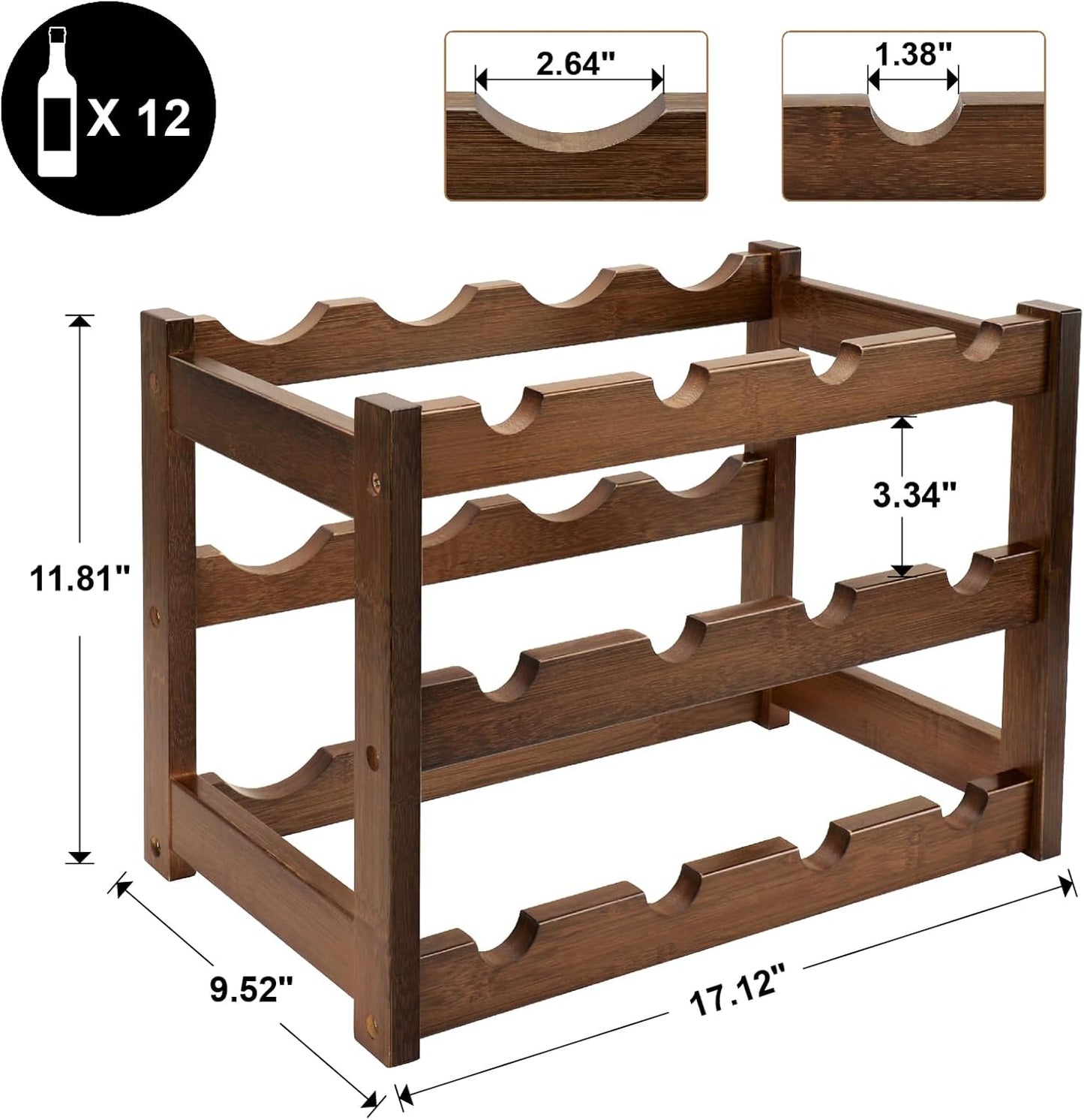 Bamboo Wine Rack, 3-Tier 12 Bottles Wine Storage Cabinet Shelf, Easy-Assembly Freestanding Bamboo Wine Racks Countertop for Kitchen Pantry Dining Room Bar, Walnut