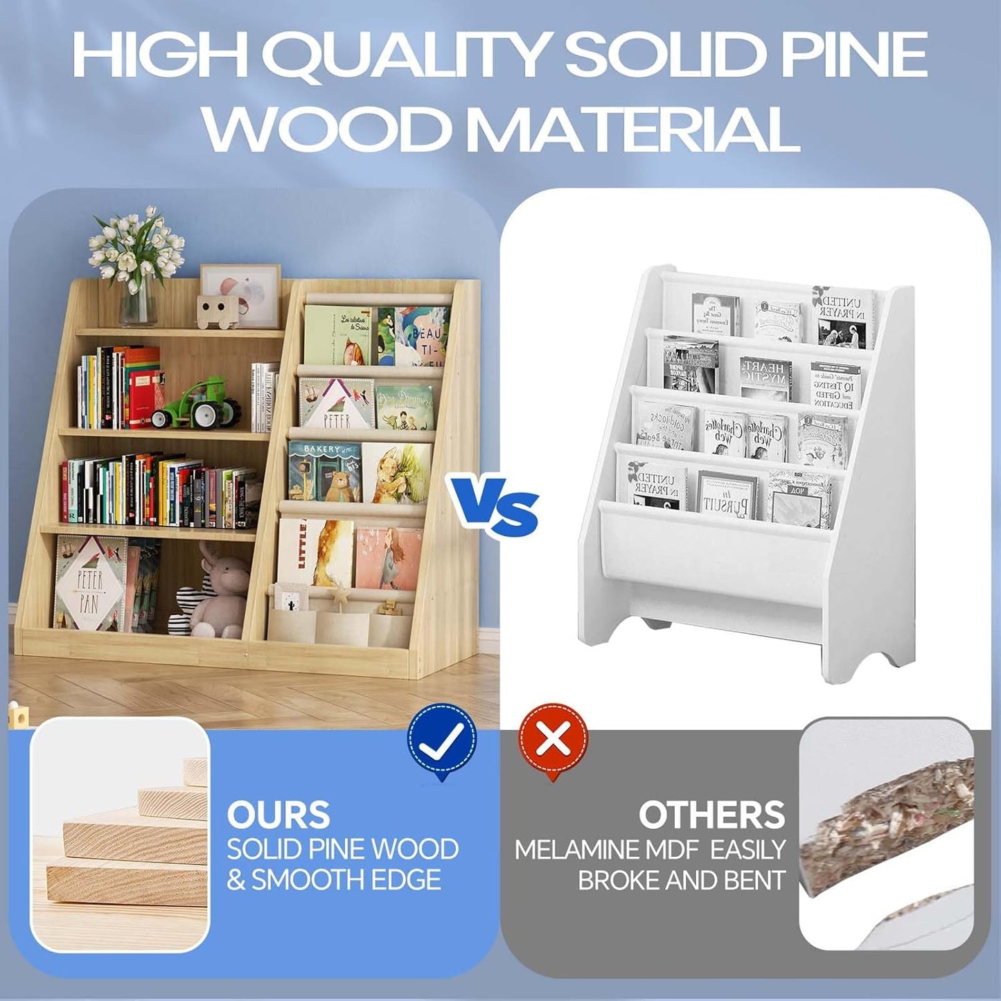 Kids Bookshelf and Toy Storage Organizer, 4 Tier Wooden Kids Book Shelf with Sling Book Rack in Kids Room Playroom Nursery for Kids, Children, Toddlers