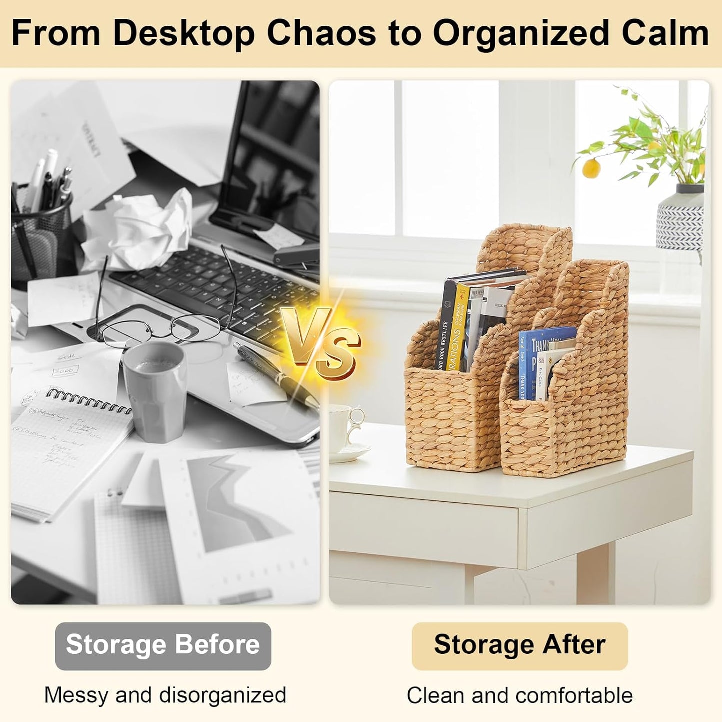 BROWNLILY Water Hyacinth Magazine Holders with Scalloped Edge - Natural Handwoven Rattan Storage Baskets Set of 2 (Large & Small) for Books, Home Office Decor