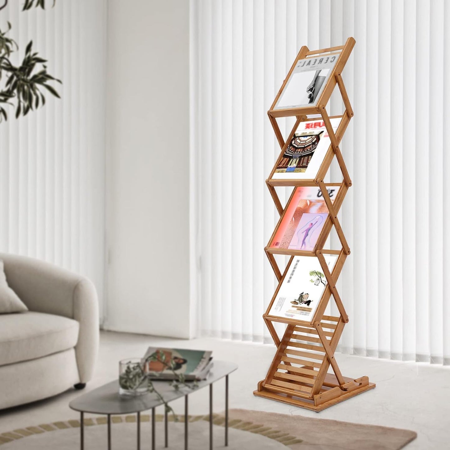 Bamboo Foldable Magazine Rack Floor Stand,5-Layer Brochure Display Stand,Portable Pop-up Magazine Rack Shelf for Home Office Retail Store Display