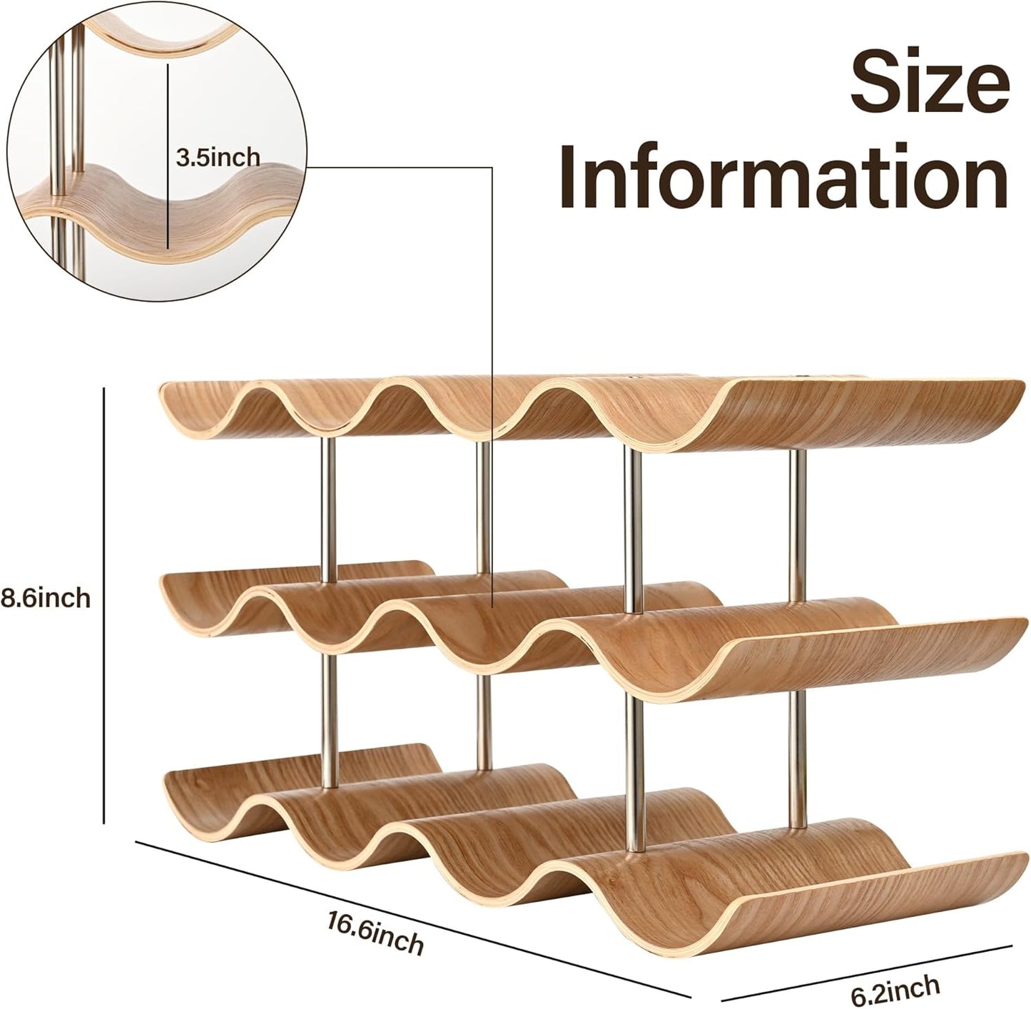 Countertop Wine Rack - 12 Bottle Freestanding Wine Bottle Holder Stand - 3 Tier Wooden Wine Storage Rack - Wavy Wine Organizer for Cabinet Pantry Home Kitchen Bar