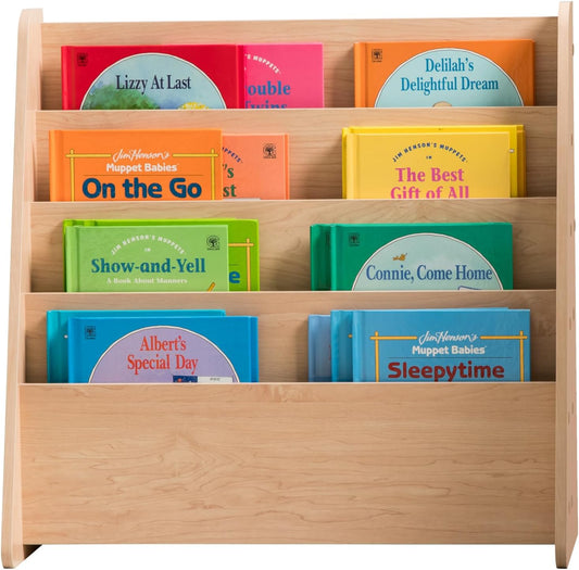 IRIS USA Wide Wooden Magazine Rack, 4-Pocket Periodical Book Sketchbook Stand with Deep Compartments for Living Room Office, Light Brown