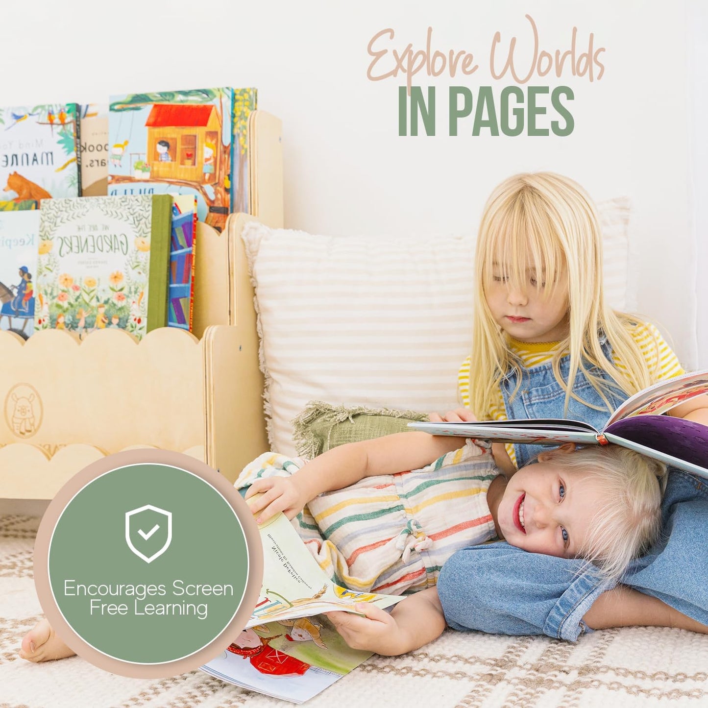 Wooden Kids Bookshelf w/Scalloped Edges- Made in USA- Perfect Height 3-Tier Montessori Shelf- Durable Childrens Bookcase for Kids Room or Playroom- Baby Book Shelf Nursery