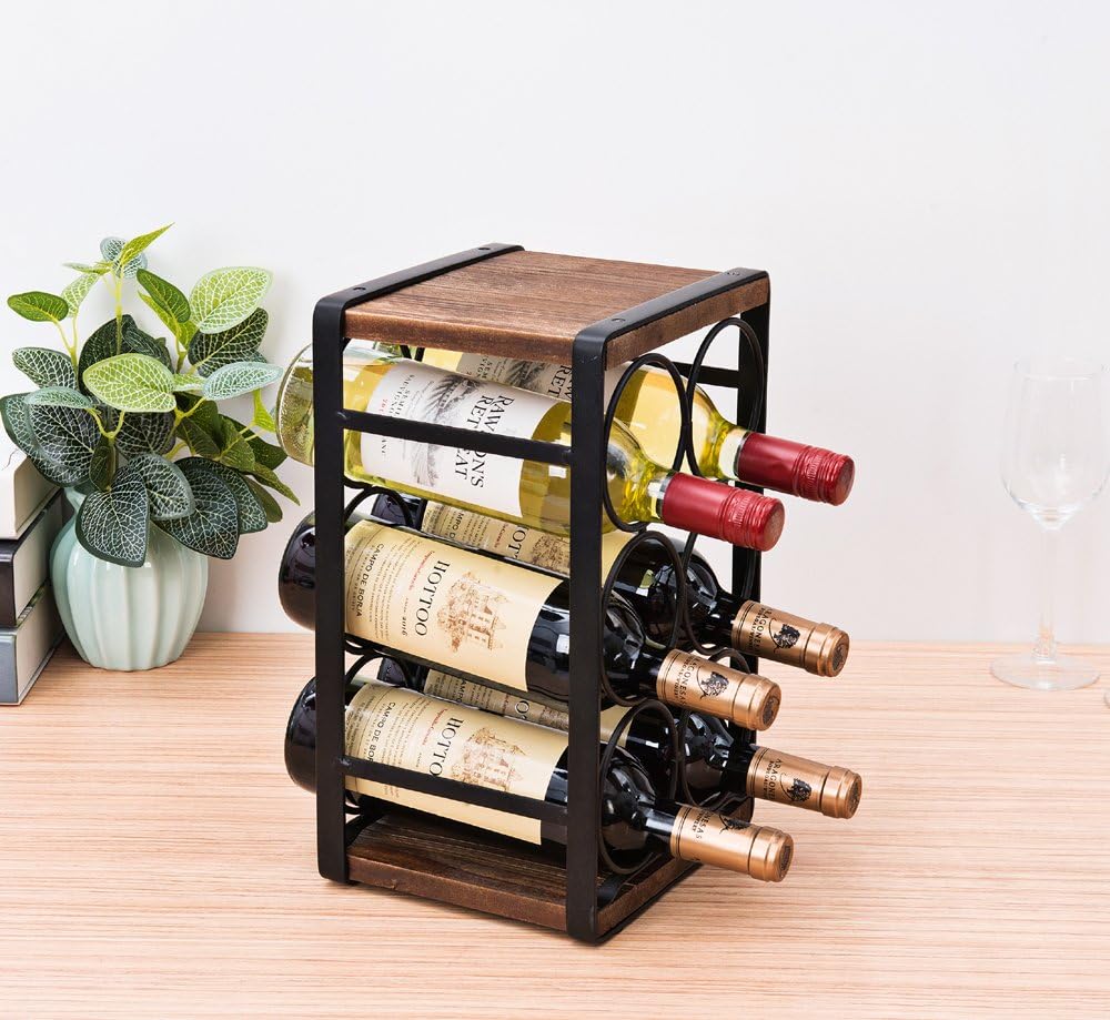 Rustic Wood Countertop Wine Rack 6 Bottles No Need Assembly Brown