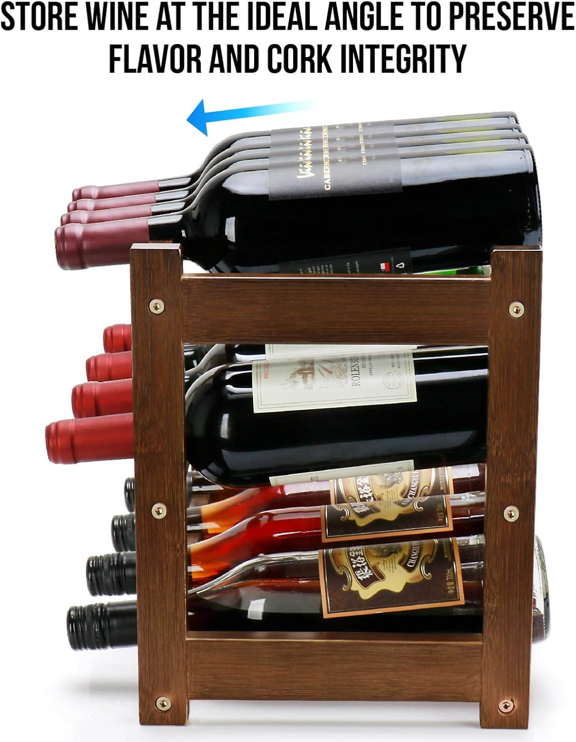 Bamboo Wine Rack, 3-Tier 12 Bottles Wine Storage Cabinet Shelf, Easy-Assembly Freestanding Bamboo Wine Racks Countertop for Kitchen Pantry Dining Room Bar, Walnut