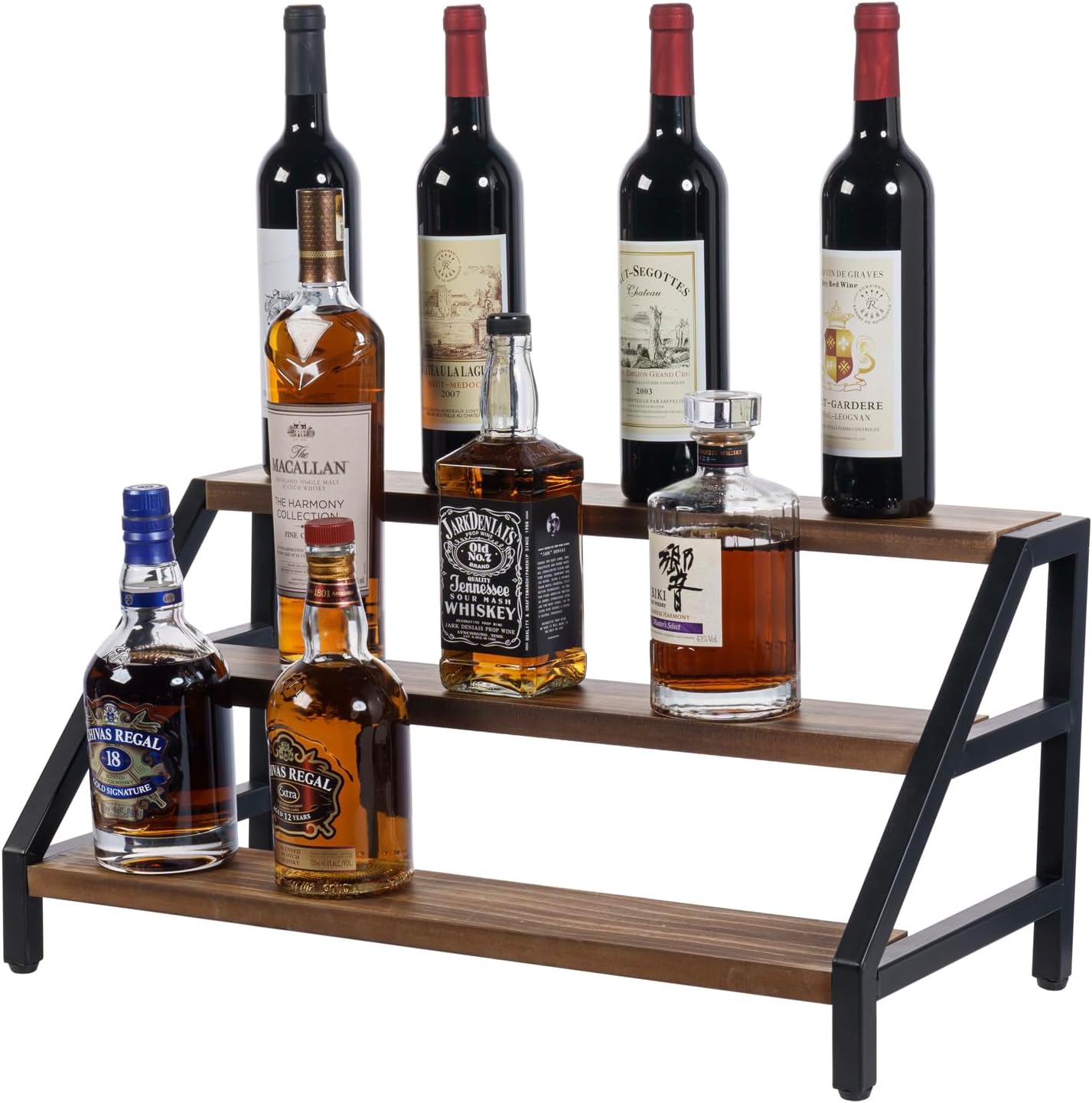 MyGift 4-Bottle Rustic Brown Wood Wine Rack for Countertop - Brushed Country Rustic Style, Compact Storage for Kitchen, Bar, Dining Room (Holds 750ml Bottles)