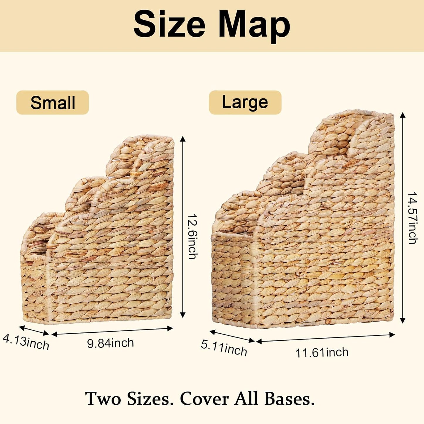 BROWNLILY Water Hyacinth Magazine Holders with Scalloped Edge - Natural Handwoven Rattan Storage Baskets Set of 2 (Large & Small) for Books, Home Office Decor