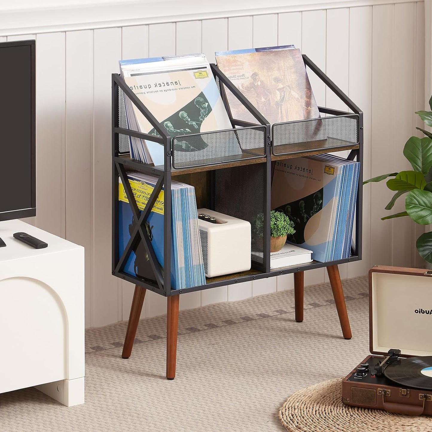 Vinyl Record Storage Holder Rack,250 LP Wooden Record Display Table for Albums Books Magazines Files for Living Room Bedroom Patent Pending