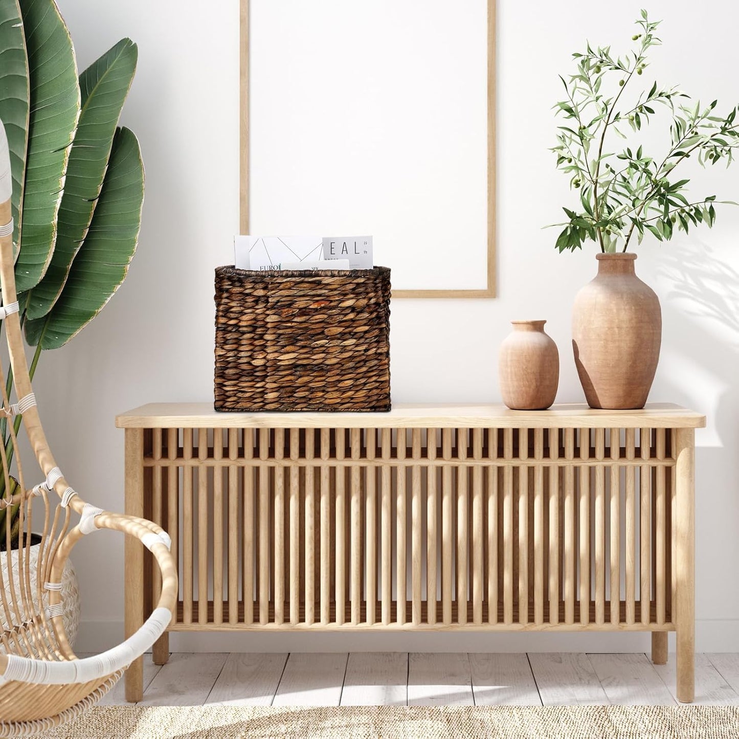 Tatuo Seagrass Magazine Baskets Magazine Holder Tall Narrow Woven Storage Wicker Basket Floor Bathroom Home Office Handwoven Holder for Books, Newspaper, File and Mail(Dark Brown)