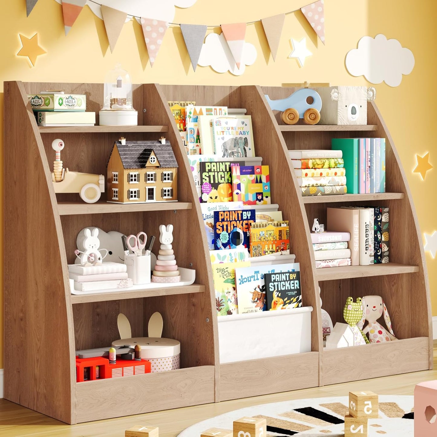 4 Tier Kids Bookshelf,4 Layer Sling Kids Book Shelf for Kids Rooms,Wood Children Bookcase,Baby Storage Book Rack,Toddler Bookshelf, Book and Toy Organizer,Book Display Shelf for Bedroom, Nursery