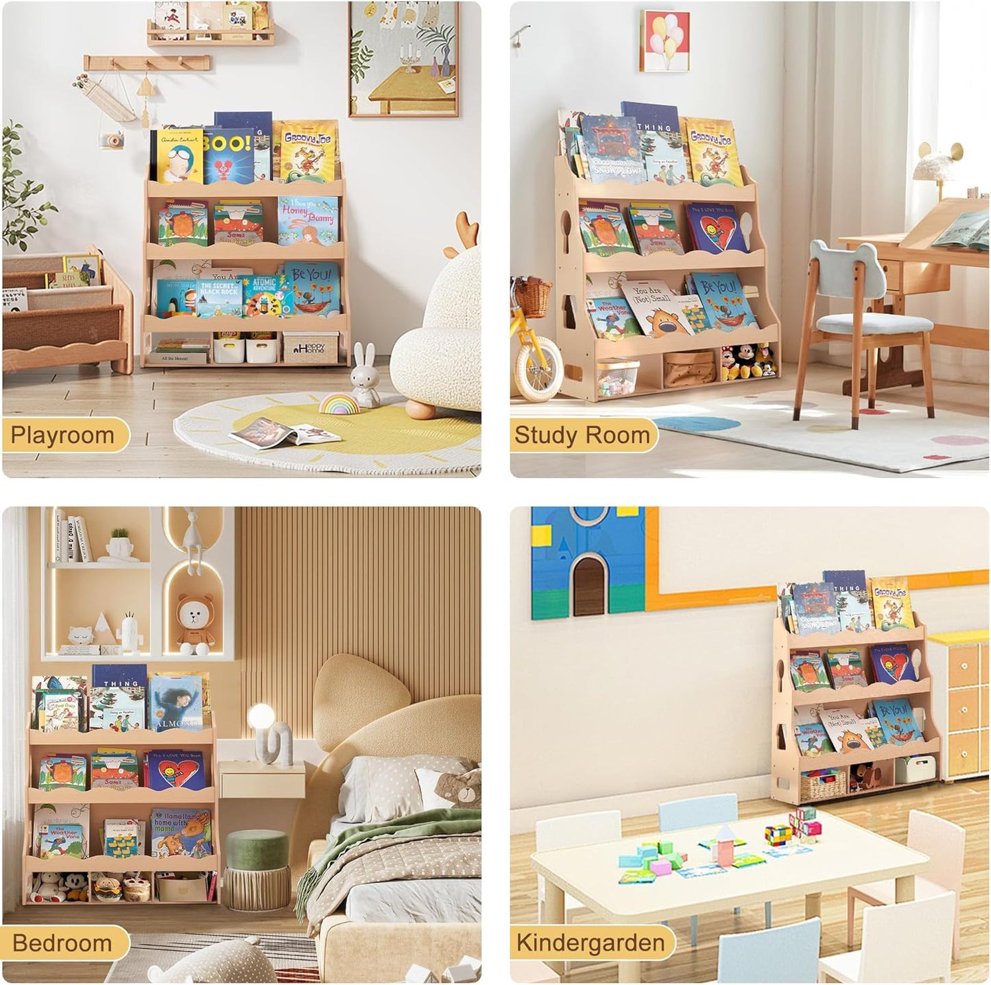 Wooden Kids Bookshelf, Book Shelf for Kids Rooms w/Scalloped Edges, Durable Childrens Bookshelf with 3 Cube Bins for Books & Toys - Toddler Montessori Bookcase Nursery