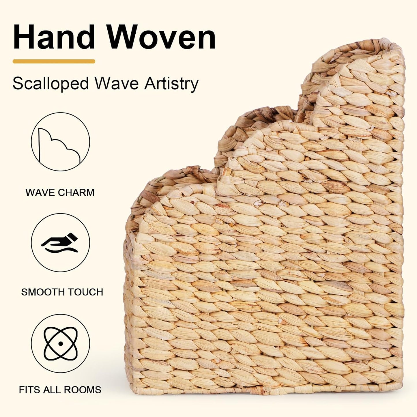 BROWNLILY Water Hyacinth Magazine Holders with Scalloped Edge - Natural Handwoven Rattan Storage Baskets Set of 2 (Large & Small) for Books, Home Office Decor