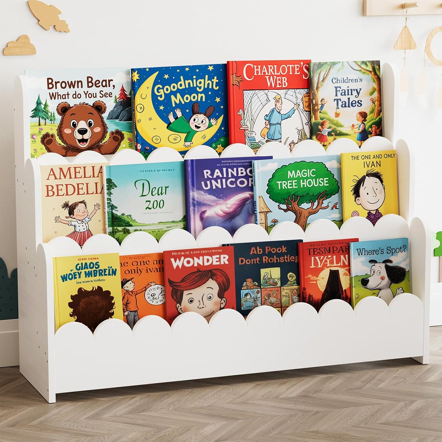 SpaceAid 3-Tier Scalloped Bookshelf, Montessori Bookcase for Toddlers, Wooden Book Shelf Organizer Display Furniture for Kids Rooms, Playroom, Nursery and Classroom, Natural