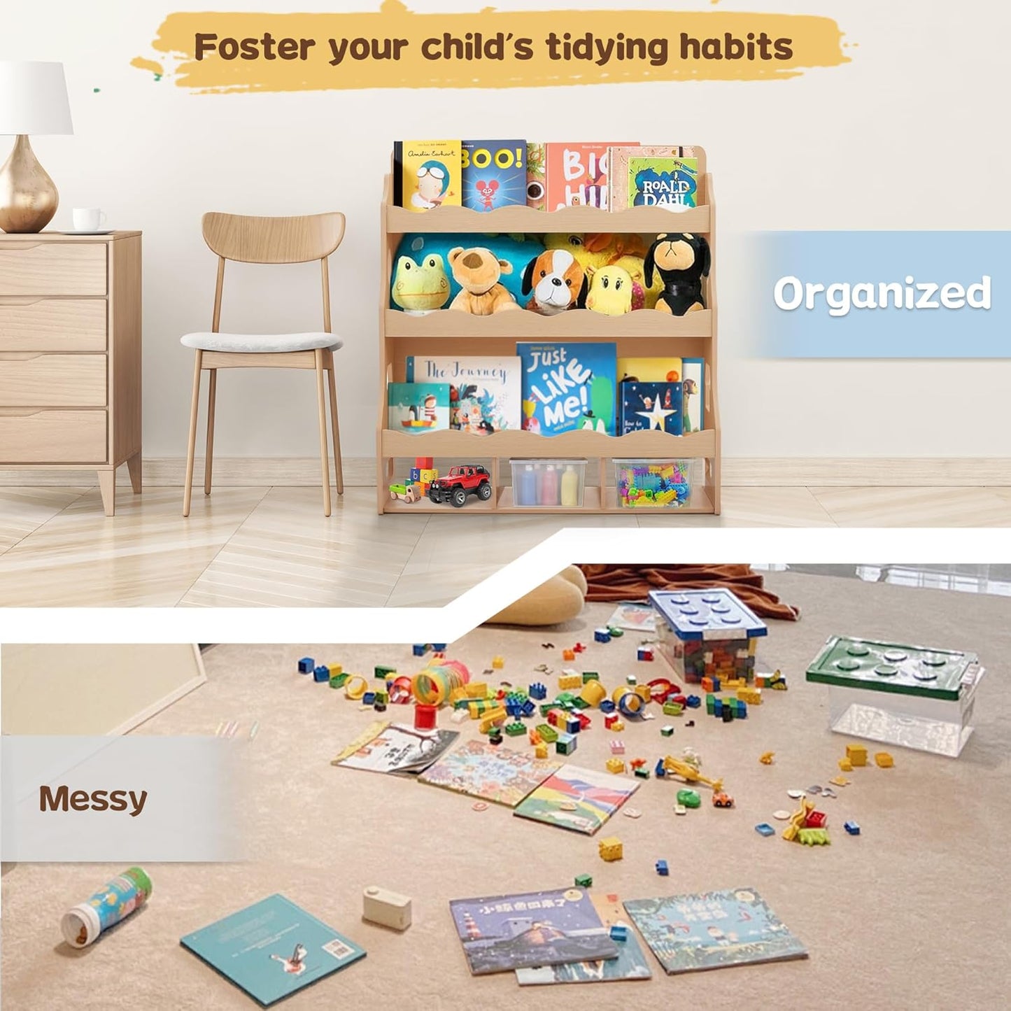 Wooden Kids Bookshelf, Book Shelf for Kids Rooms w/Scalloped Edges, Durable Childrens Bookshelf with 3 Cube Bins for Books & Toys - Toddler Montessori Bookcase Nursery