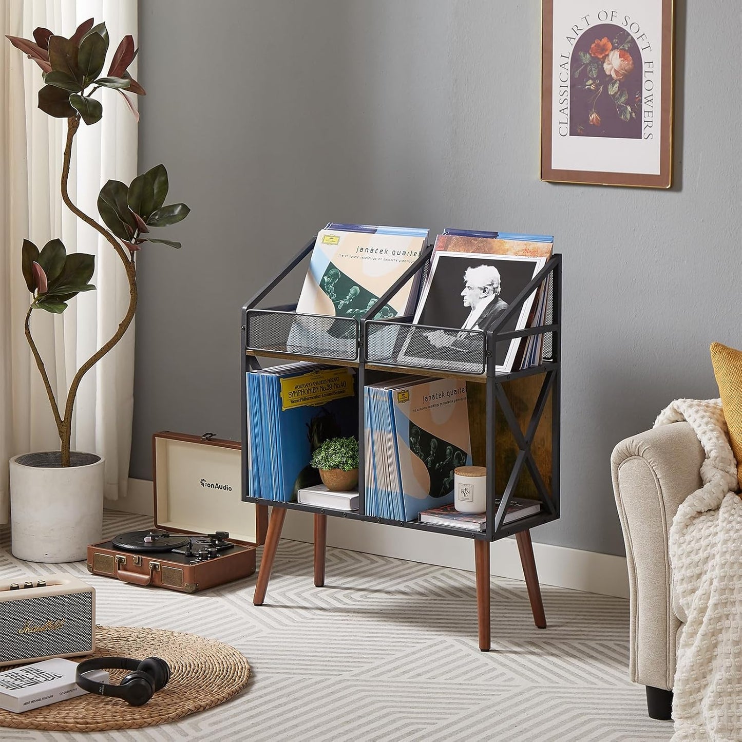 Vinyl Record Storage Holder Rack,250 LP Wooden Record Display Table for Albums Books Magazines Files for Living Room Bedroom Patent Pending