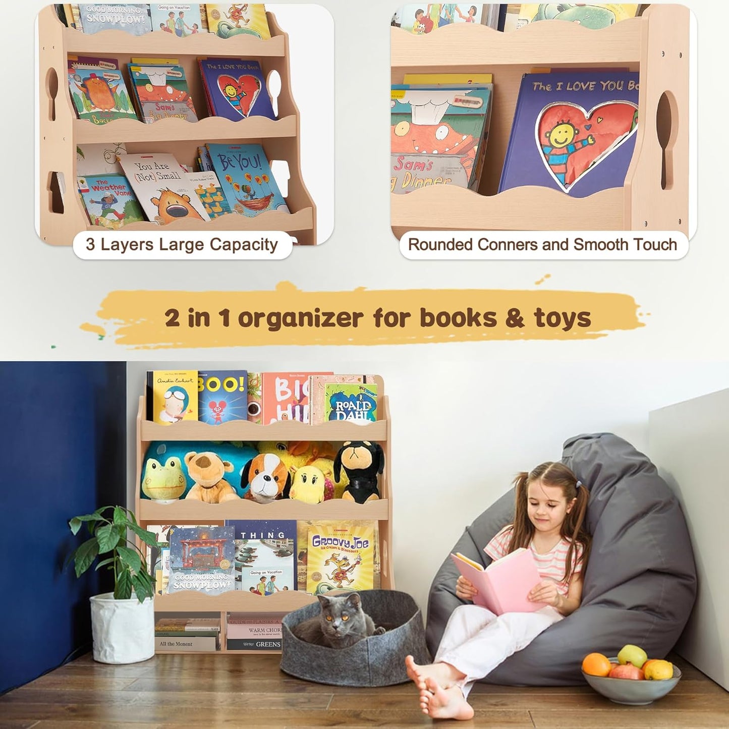 Wooden Kids Bookshelf, Book Shelf for Kids Rooms w/Scalloped Edges, Durable Childrens Bookshelf with 3 Cube Bins for Books & Toys - Toddler Montessori Bookcase Nursery