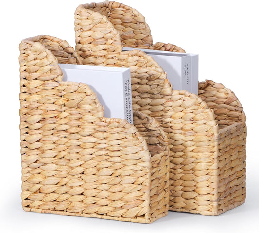BROWNLILY Water Hyacinth Magazine Holders with Scalloped Edge - Natural Handwoven Rattan Storage Baskets Set of 2 (Large & Small) for Books, Home Office Decor