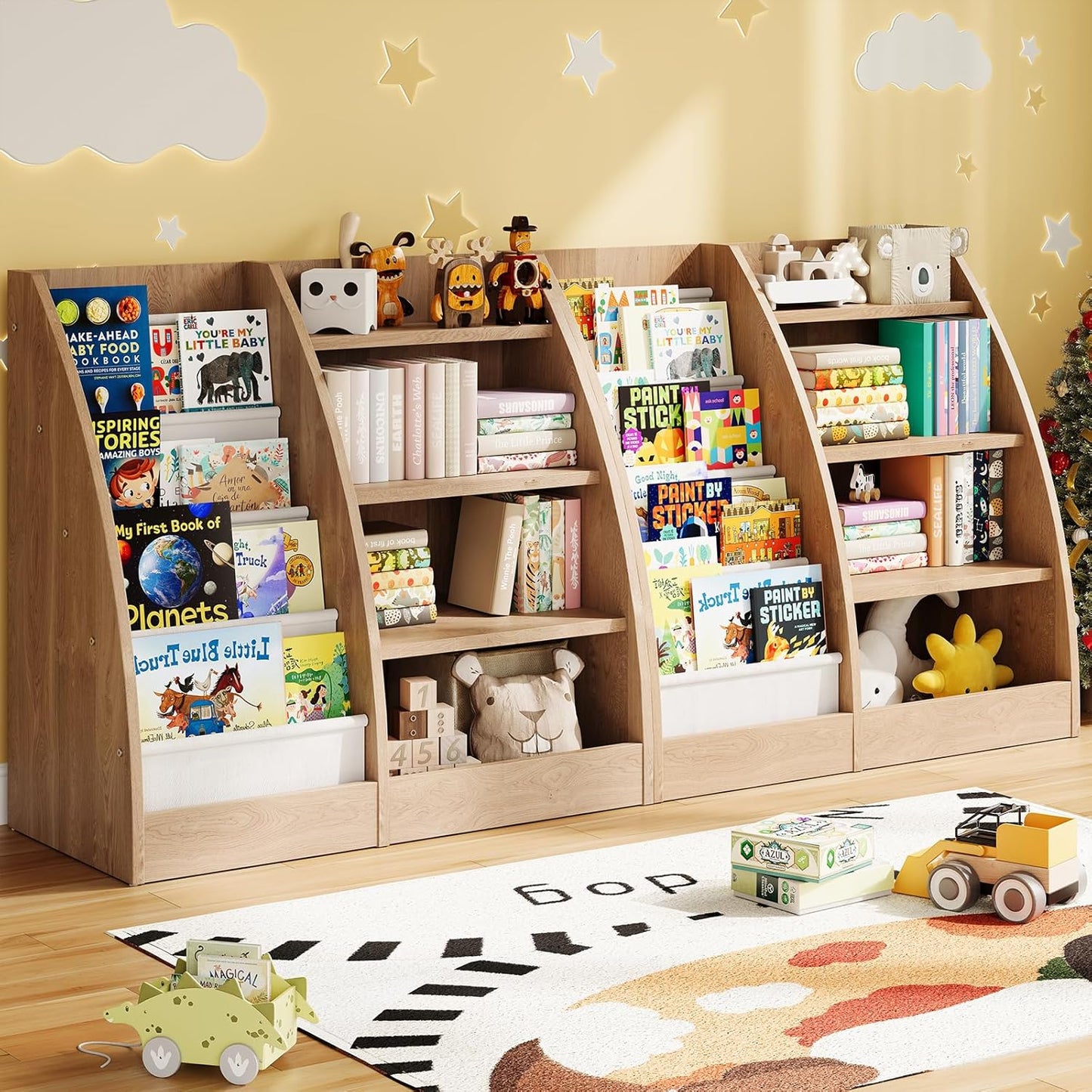 4 Tier Kids Bookshelf,4 Layer Sling Kids Book Shelf for Kids Rooms,Wood Children Bookcase,Baby Storage Book Rack,Toddler Bookshelf, Book and Toy Organizer,Book Display Shelf for Bedroom, Nursery