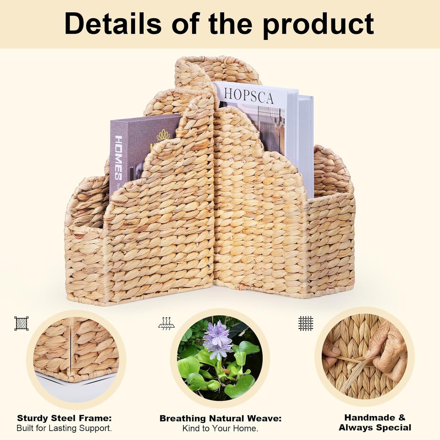 BROWNLILY Water Hyacinth Magazine Holders with Scalloped Edge - Natural Handwoven Rattan Storage Baskets Set of 2 (Large & Small) for Books, Home Office Decor