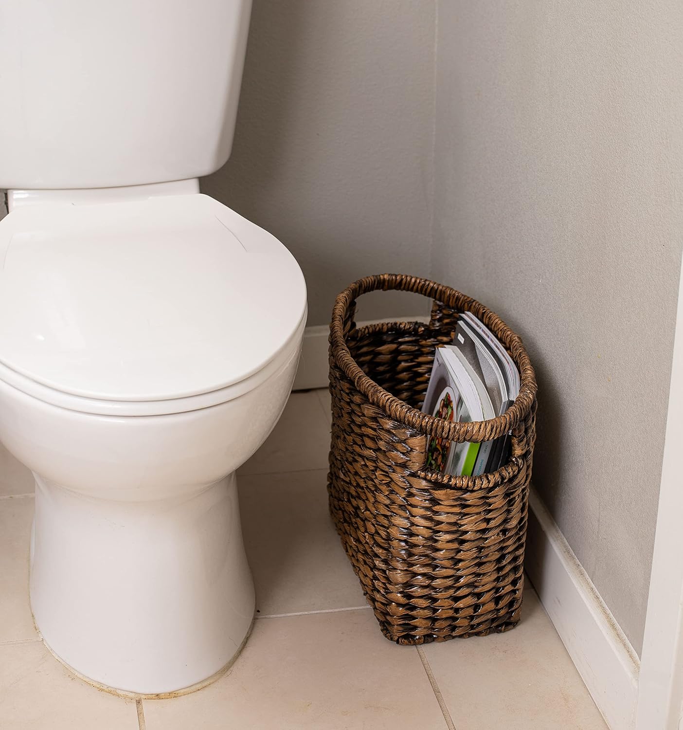 BIRDROCK HOME Woven Seagrass Magazine Basket - Brown Wash - Hand Woven - Living Room Bathroom Storage - Handles - Sturdy Metal Frame