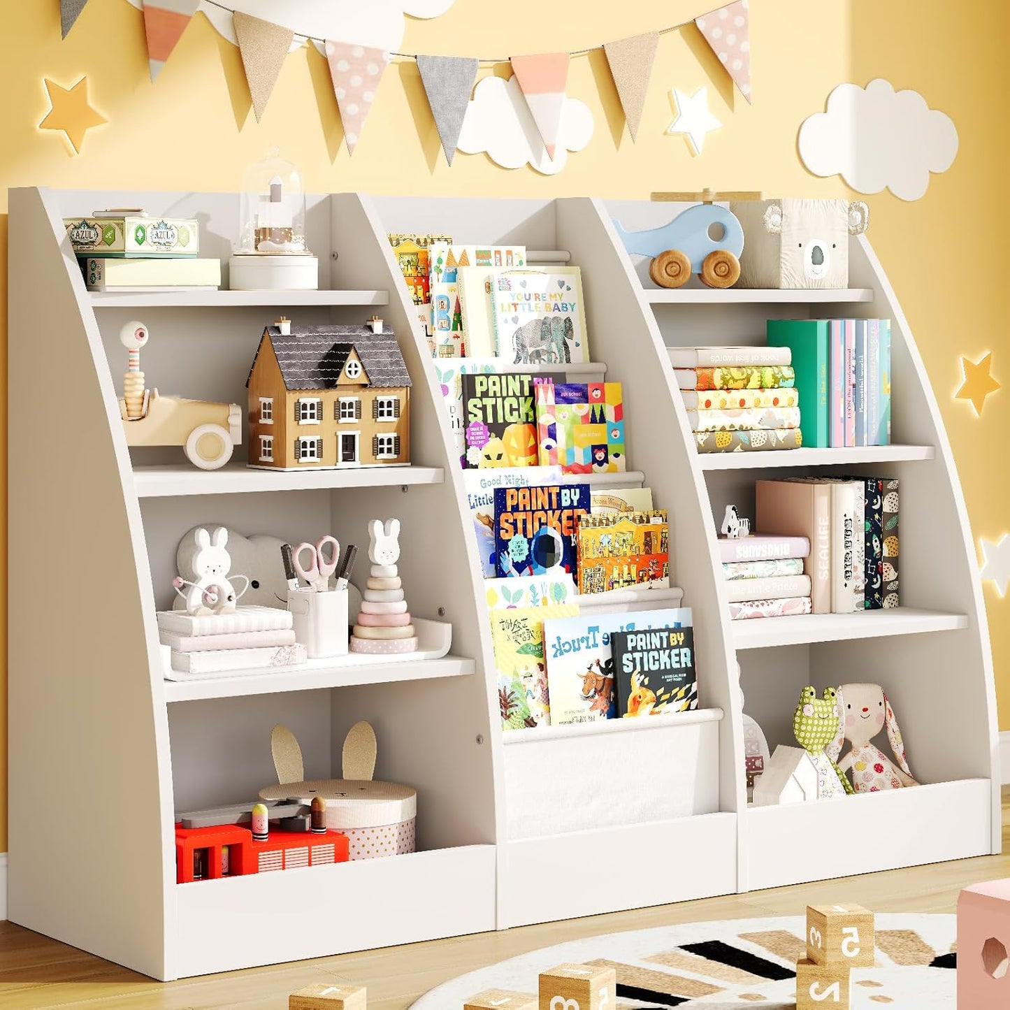 4 Tier Kids Bookshelf,4 Layer Sling Kids Book Shelf for Kids Rooms,Wood Children Bookcase,Baby Storage Book Rack,Toddler Bookshelf, Book and Toy Organizer,Book Display Shelf for Bedroom, Nursery