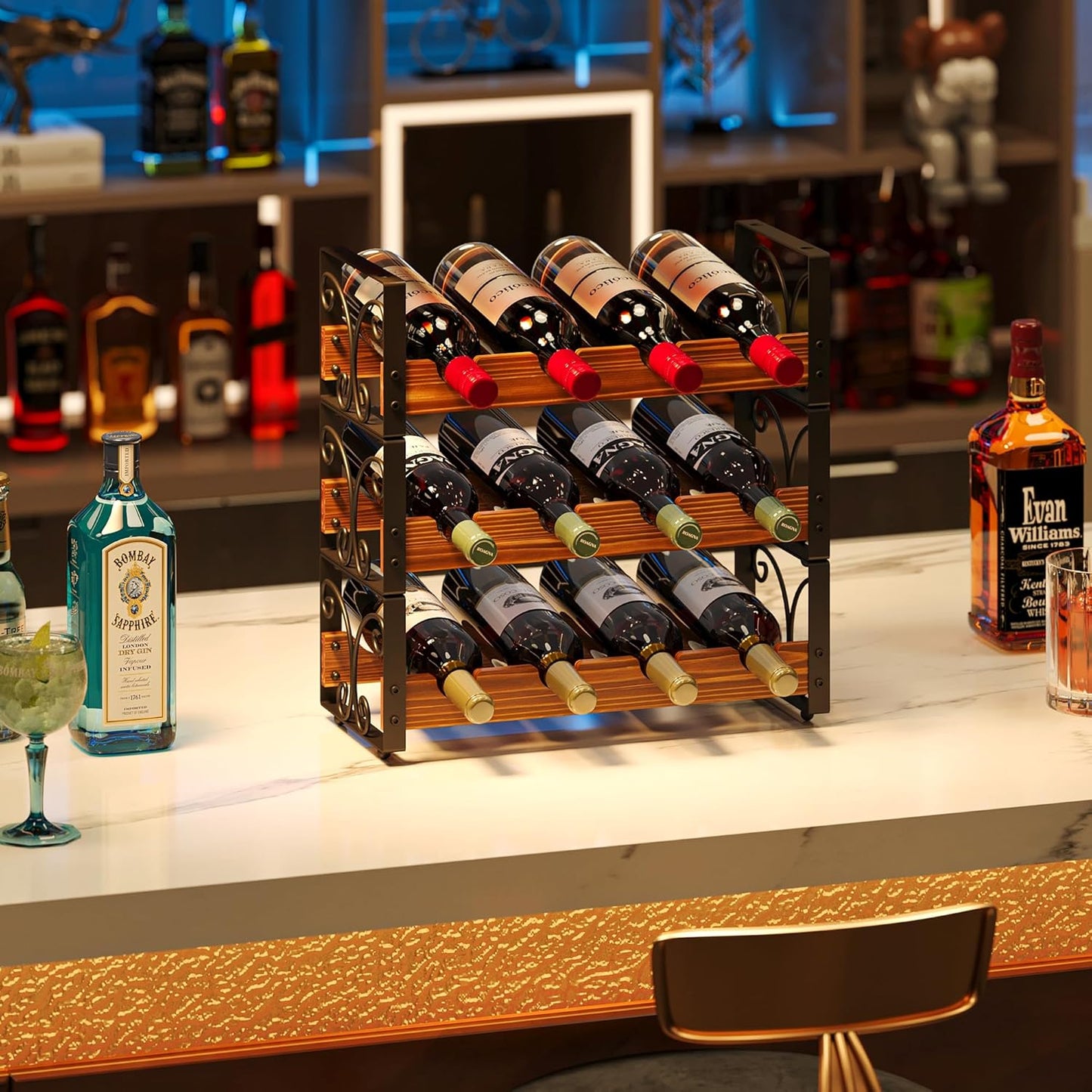 X-cosrack Wine Rack Countertop, 3-Tier 12 Bottles Small Wine Rack Stackable for Inside Cabinet, Solid Wood & Wrought Iron Wine Bottle Holder, Wine Storage Shelf for Kitchen Bar Dining Room