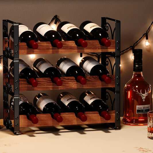 X-cosrack Wine Rack Countertop, 3-Tier 12 Bottles Small Wine Rack Stackable for Inside Cabinet, Solid Wood & Wrought Iron Wine Bottle Holder, Wine Storage Shelf for Kitchen Bar Dining Room