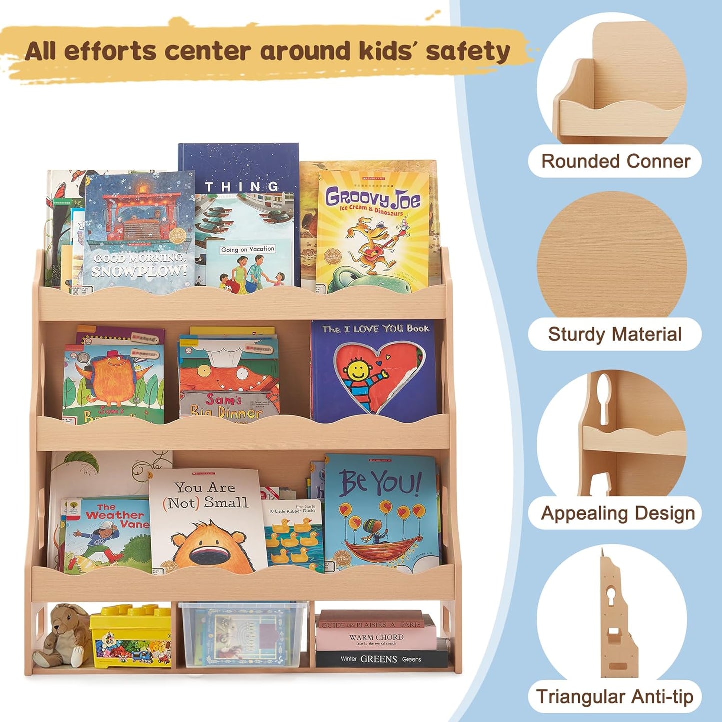 Wooden Kids Bookshelf, Book Shelf for Kids Rooms w/Scalloped Edges, Durable Childrens Bookshelf with 3 Cube Bins for Books & Toys - Toddler Montessori Bookcase Nursery