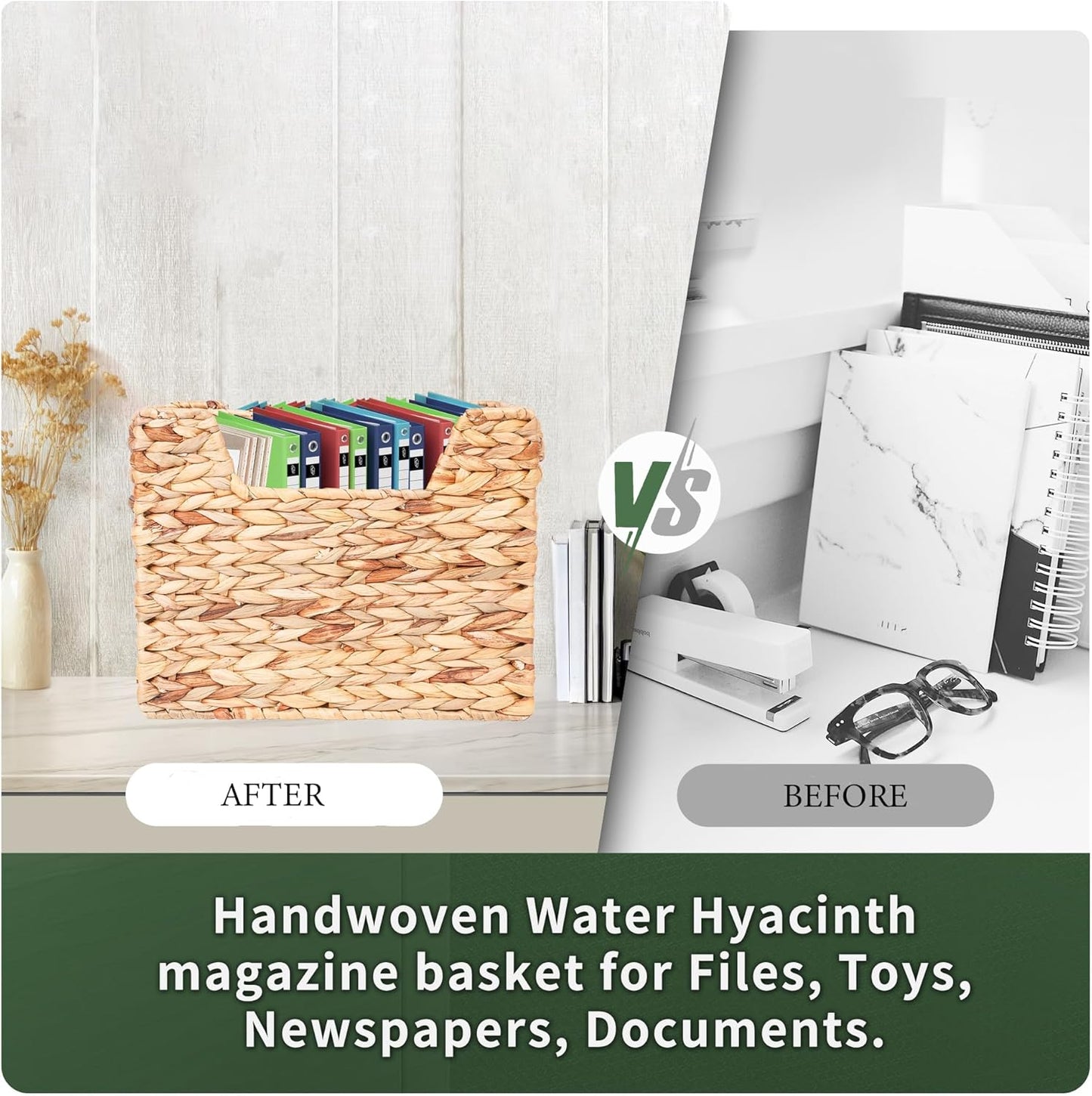 Magazines Holder - Wicker Magazine Rack, Handwoven Magazine Holders for Bathroom, Magazine Organizer for Books, Newspaper, Water Hyacinth Magazine Basket, 14.2 x 11.4 x 6.7 inch