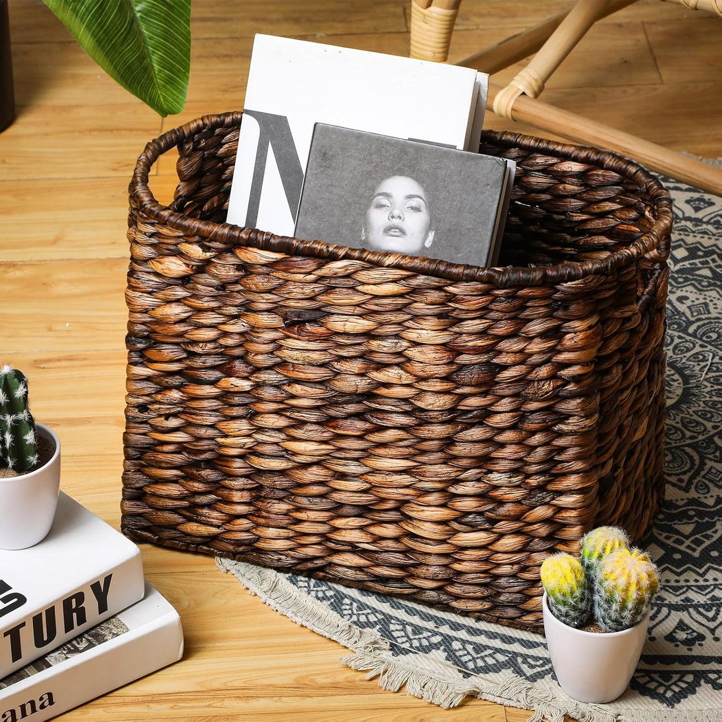 Tatuo Seagrass Magazine Baskets Magazine Holder Tall Narrow Woven Storage Wicker Basket Floor Bathroom Home Office Handwoven Holder for Books, Newspaper, File and Mail(Dark Brown)