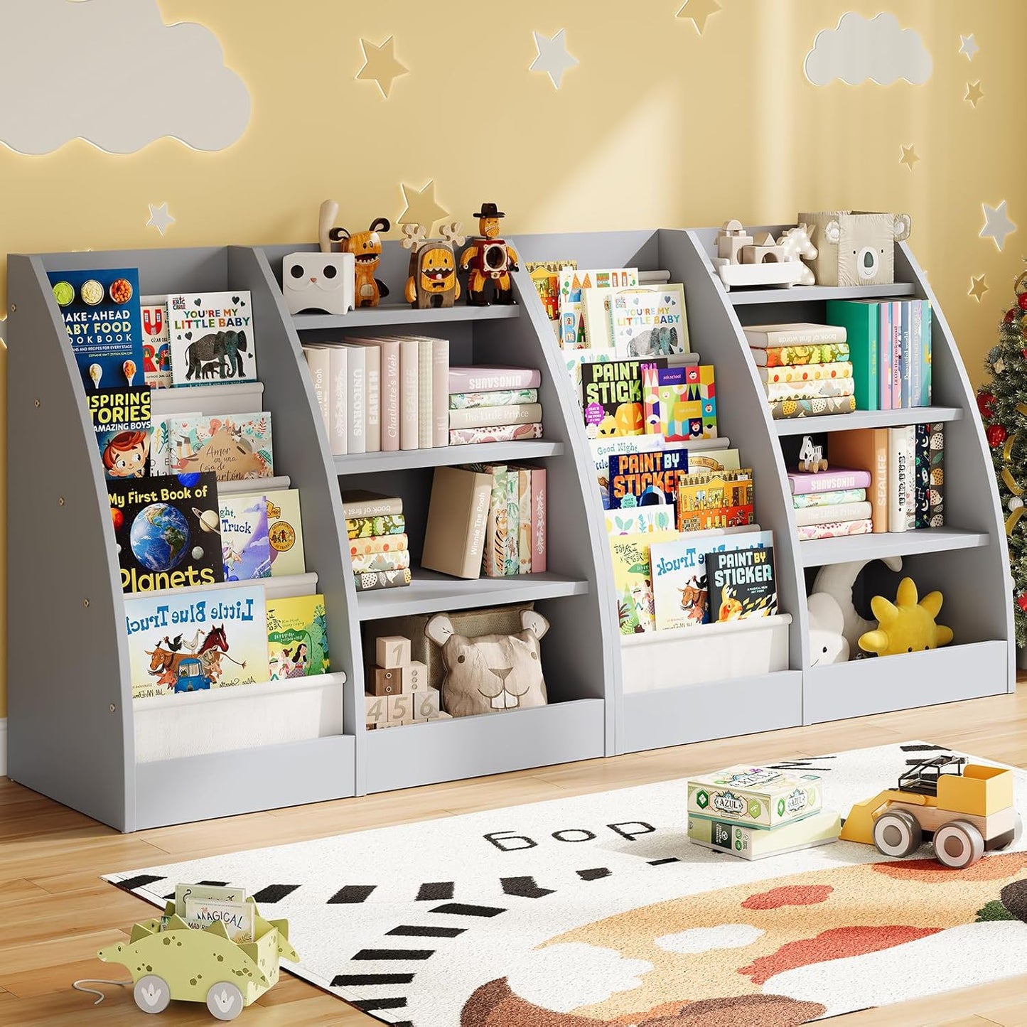 4 Tier Kids Bookshelf,4 Layer Sling Kids Book Shelf for Kids Rooms,Wood Children Bookcase,Baby Storage Book Rack,Toddler Bookshelf, Book and Toy Organizer,Book Display Shelf for Bedroom, Nursery