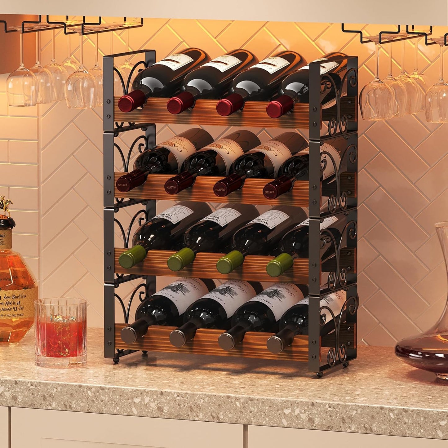 X-cosrack Wine Rack Countertop, 3-Tier 12 Bottles Small Wine Rack Stackable for Inside Cabinet, Solid Wood & Wrought Iron Wine Bottle Holder, Wine Storage Shelf for Kitchen Bar Dining Room