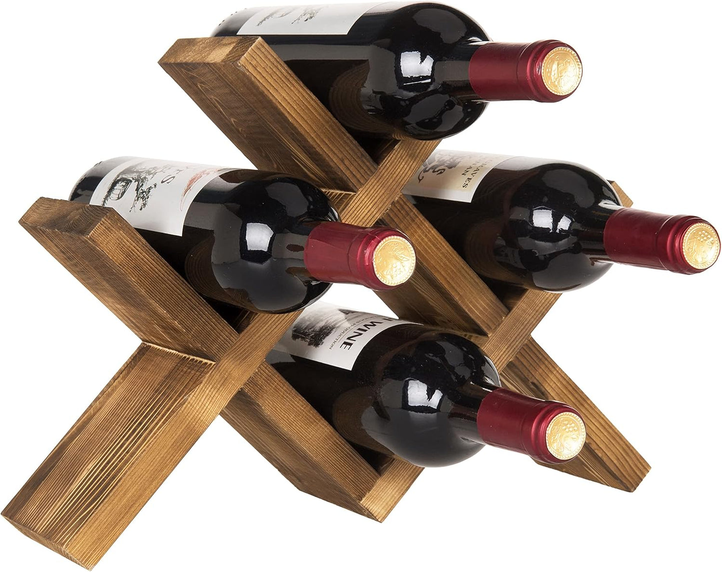 MyGift 4-Bottle Rustic Brown Wood Wine Rack for Countertop - Brushed Country Rustic Style, Compact Storage for Kitchen, Bar, Dining Room (Holds 750ml Bottles)