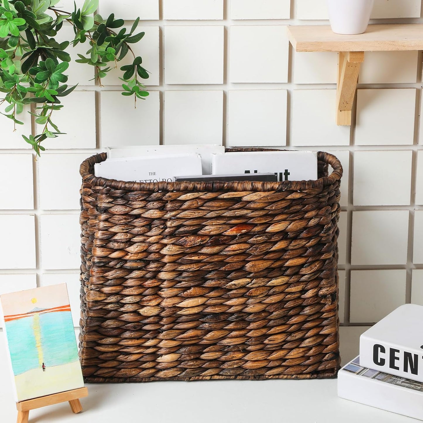 Tatuo Seagrass Magazine Baskets Magazine Holder Tall Narrow Woven Storage Wicker Basket Floor Bathroom Home Office Handwoven Holder for Books, Newspaper, File and Mail(Dark Brown)