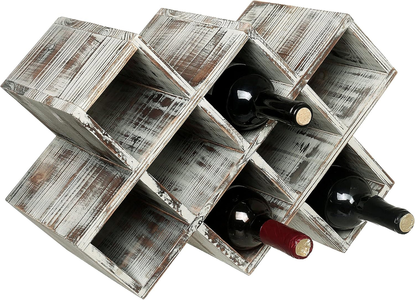 MyGift 4-Bottle Rustic Brown Wood Wine Rack for Countertop - Brushed Country Rustic Style, Compact Storage for Kitchen, Bar, Dining Room (Holds 750ml Bottles)