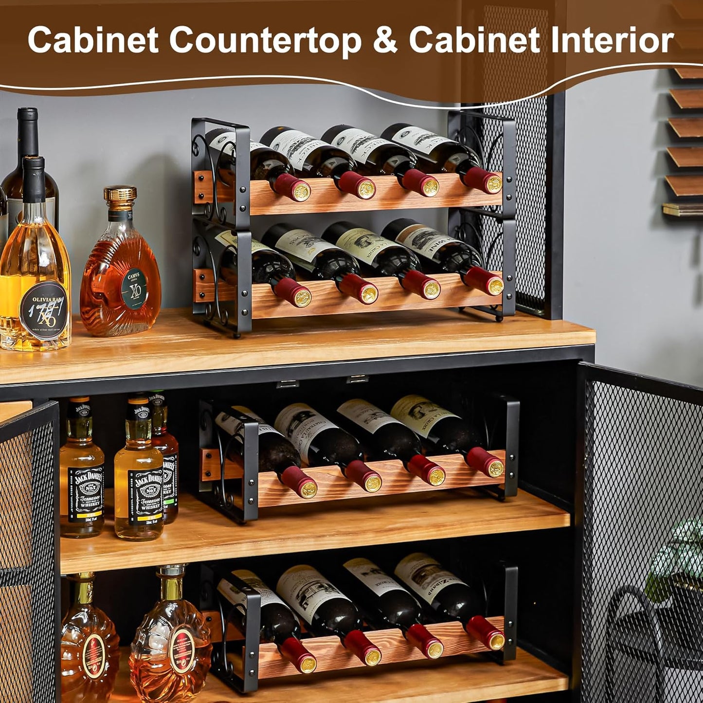 X-cosrack Wine Rack Countertop, 3-Tier 12 Bottles Small Wine Rack Stackable for Inside Cabinet, Solid Wood & Wrought Iron Wine Bottle Holder, Wine Storage Shelf for Kitchen Bar Dining Room