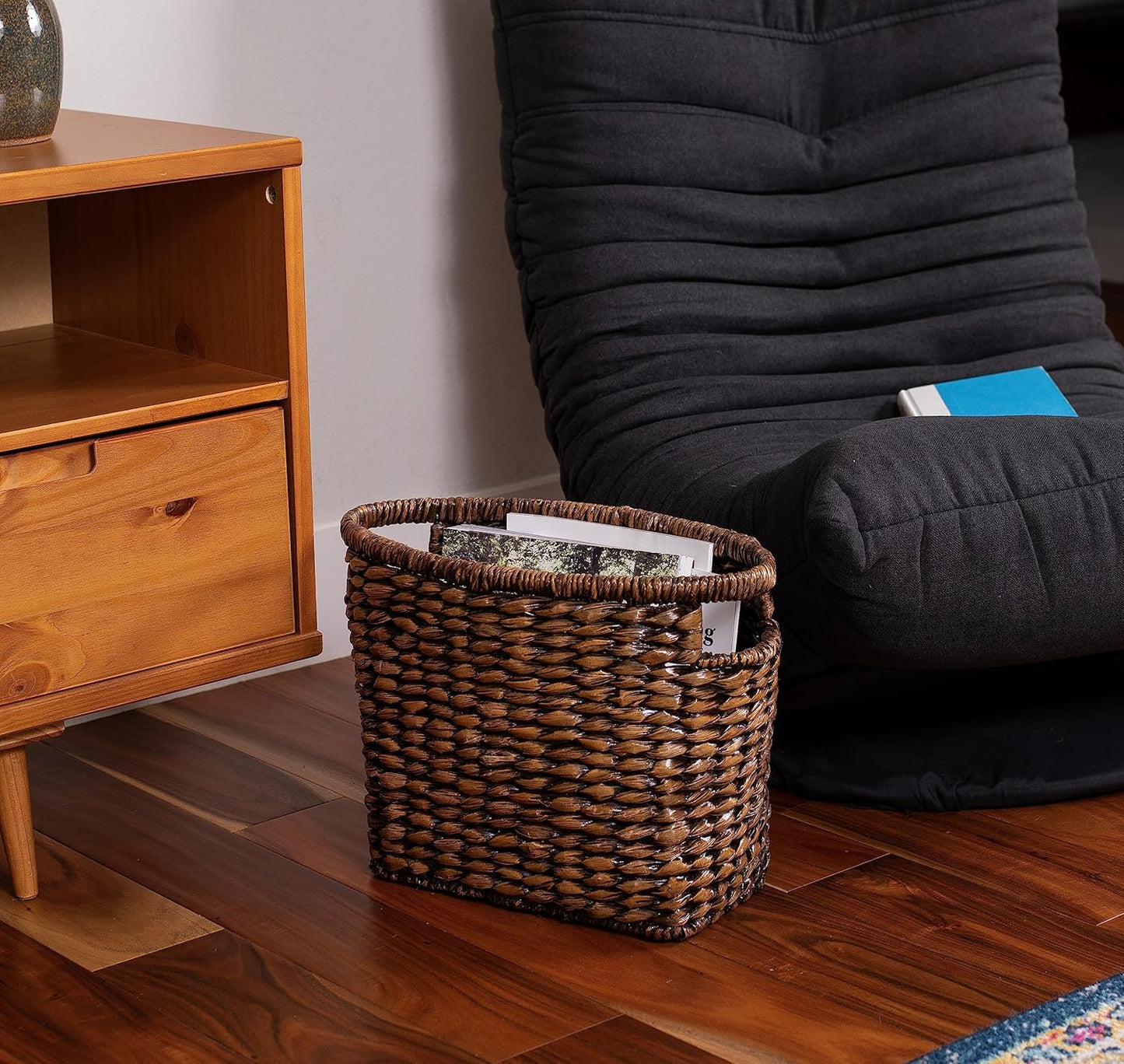 BIRDROCK HOME Woven Seagrass Magazine Basket - Brown Wash - Hand Woven - Living Room Bathroom Storage - Handles - Sturdy Metal Frame