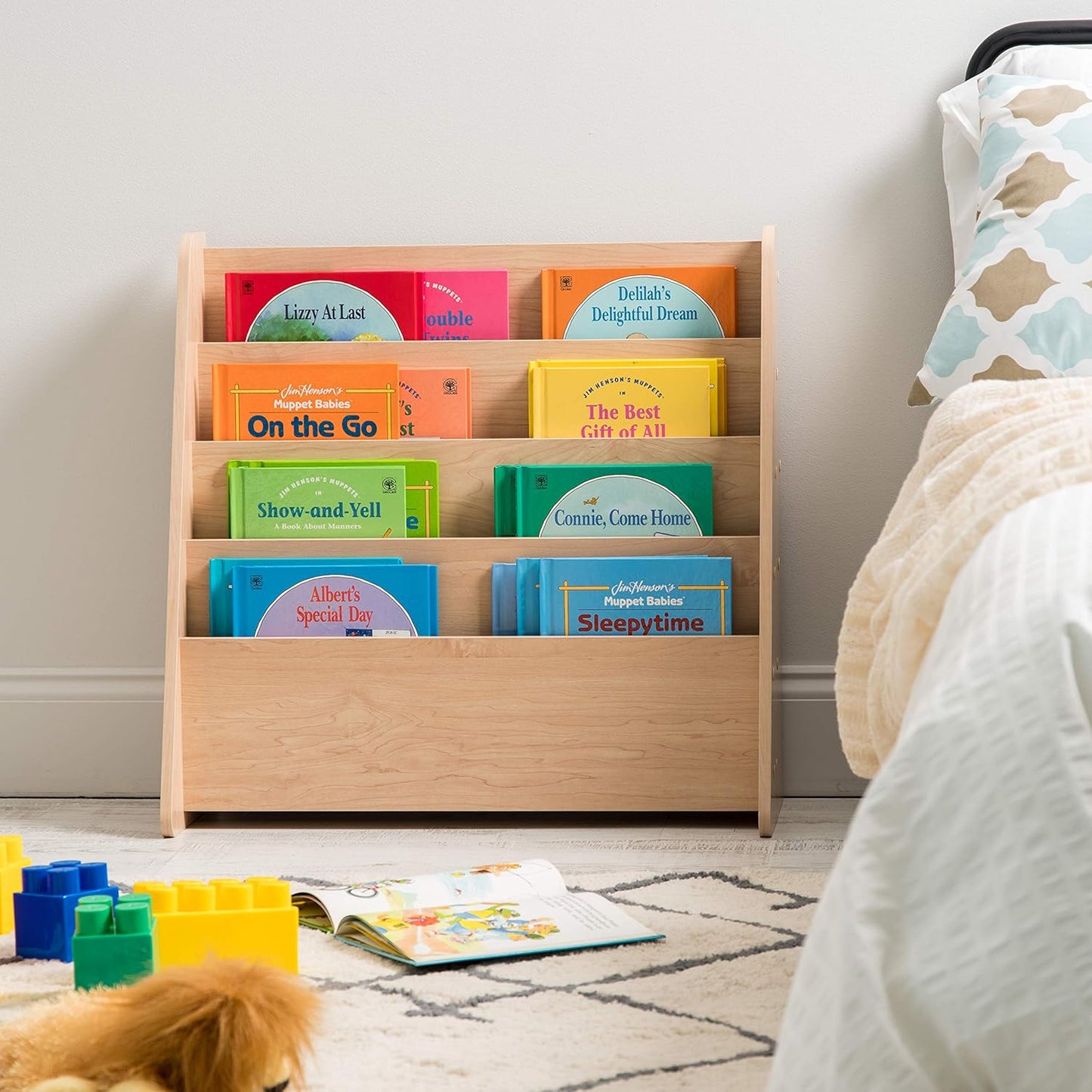 IRIS USA Wide Wooden Magazine Rack, 4-Pocket Periodical Book Sketchbook Stand with Deep Compartments for Living Room Office, Light Brown